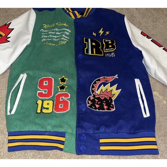 Rebel Minds (M) Velocity Varsity Jacket Blue Leather Embroidered Cobra See Desc - Picture 4 of 16
